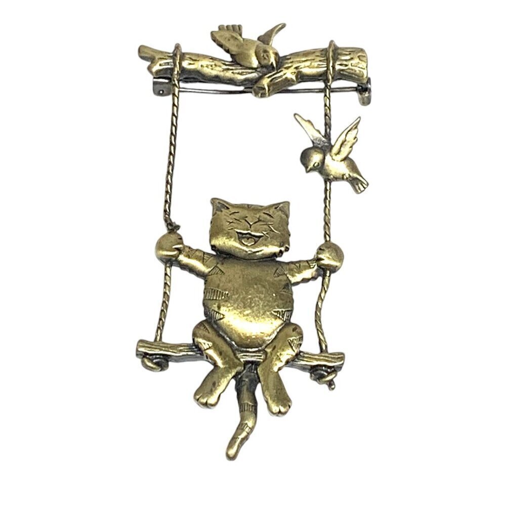 Vintage JJ Happy Cat On Swing Brooch With Birds In Silver Tone Metal 2.5"